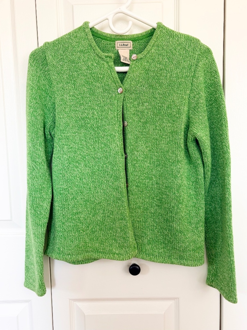 Women’s LL Bean Marled Apple Green Cotton Slub Crewneck Cardigan Size Small